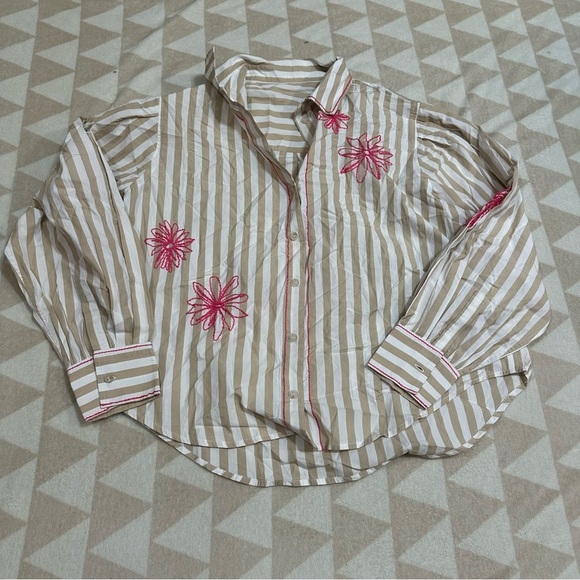 Tanya Taylor davina embroidered stripe floral button down shirt beige pink - Picture 2 of 4